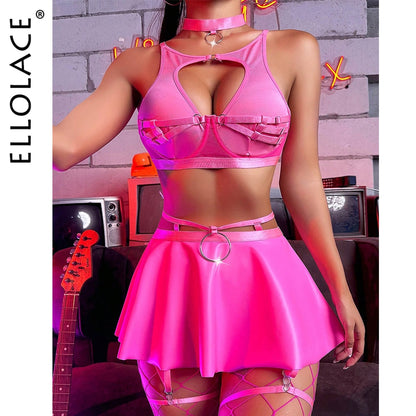 Ellolace Sexy Lingerie Outfit Nightclub Underwear Garter Dress Intimate Cut Out Bra Kit Push Up Fancy Exotic Sets