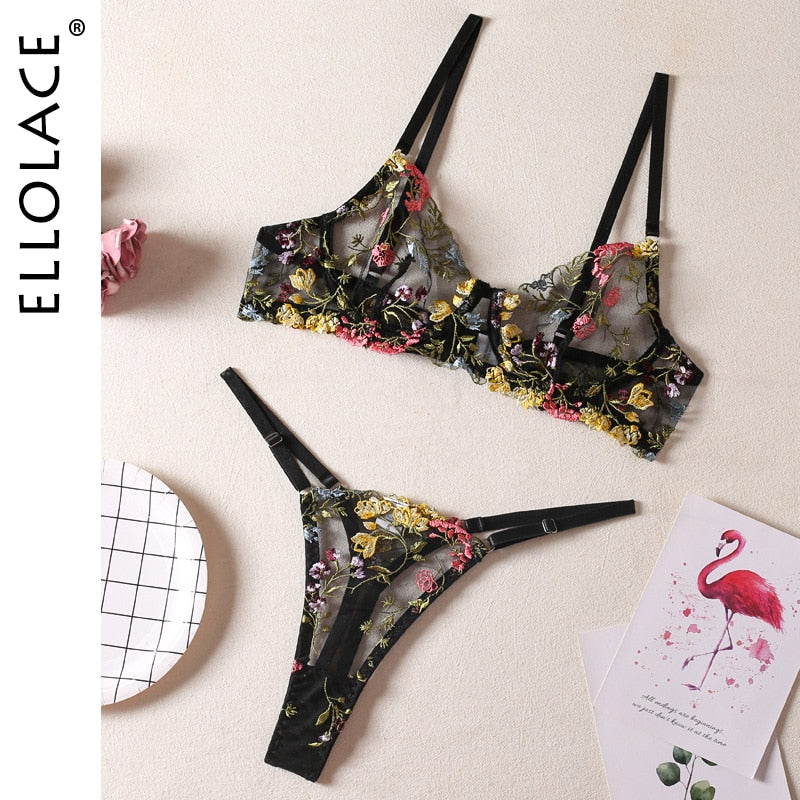 Sexy Lace Set 2 Pieces Transparent Embroidery Erotic Bra And Panty Set