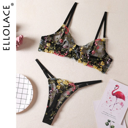 Sexy Lace Set 2 Pieces Transparent Embroidery Erotic Bra And Panty Set