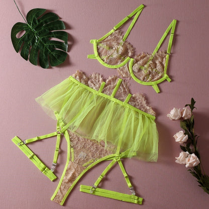 Ruffle Sexy Lace Patchwork Neon Green Bra And Panty Set Transparent Luxury