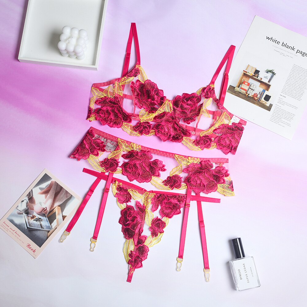 Ellolace Floral Lingerie Sexy Fancy Underwear Embroidery Erotic Brief Sets Lace Transparent Underwire Bra And Thong with Garters