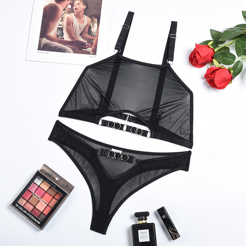 Ellolace Lingerie Cut Out Transparent Bra And Panty Set Woman 2 Pieces Seamless Female Underwear Sexy Outfits Black Intimate