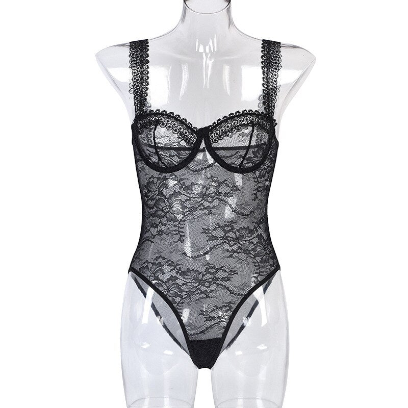 Ellolace Sheer Lace Bodysuit Seamless Lingerie Body Uncensored Transparent Top Tight Fitting Woman Sissy Open Crotch Teddy