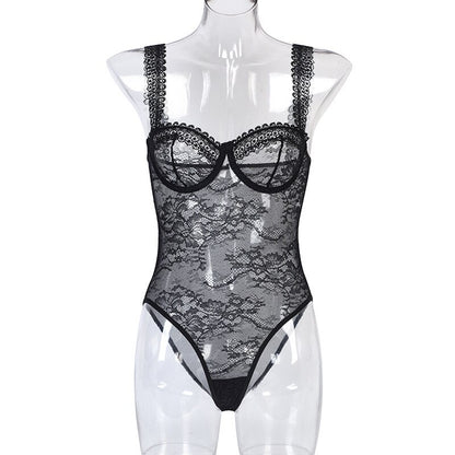 Ellolace Sheer Lace Bodysuit Seamless Lingerie Body Uncensored Transparent Top Tight Fitting Woman Sissy Open Crotch Teddy