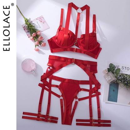 Sexy Erotic Garter Belt 4-Piece Halter Bra With Bow Seductive Brief Sets