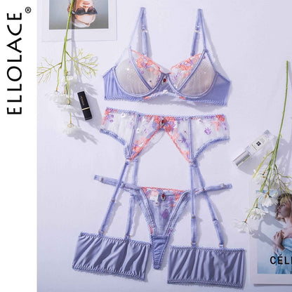 Ellolace Sexy Fancy Lingerie Transparent Bra Thongs 4-Pieces Female Underwear Erotic Lace Outfits Delicate Garter Belt Set