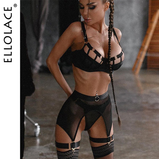Sexy Hollow Out Sets With Garters Half Cup Transparent Bra Women Set