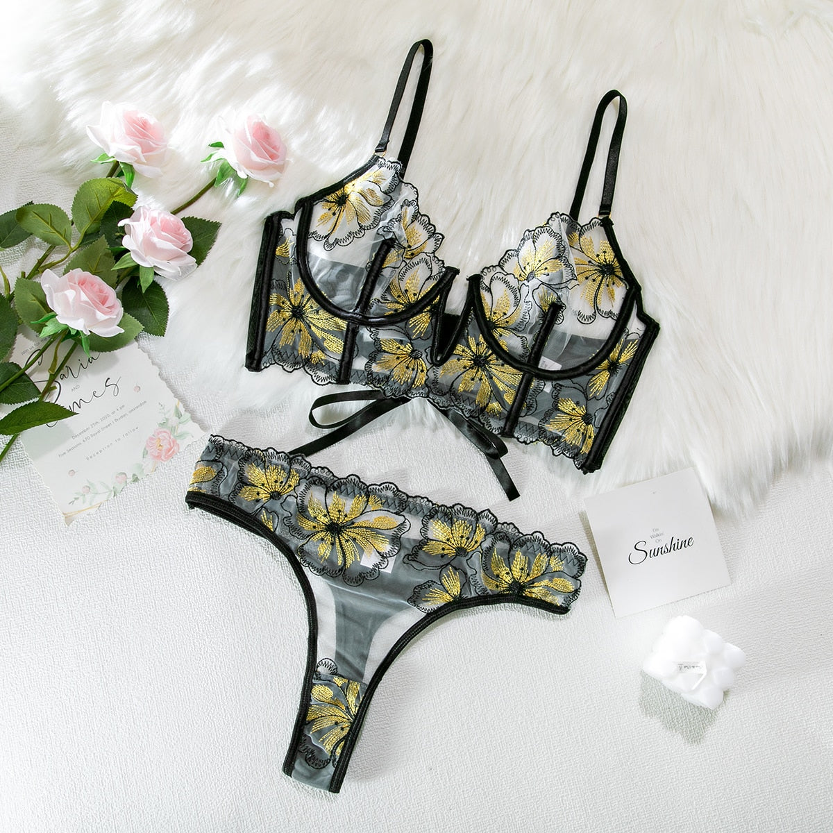 Ellolace Fancy Lingerie Floral Sexy Underwear Luxury Lace Deep-V Bra Set Women 2 Piece Transparent Sheer Bilizna Set Of Sex