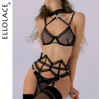 Ellolace Erotic Lingerie Transparent Halter Bra Kit Push Up Irregular Garter Belt Sensual Intimate Porn Underwear Uncensored