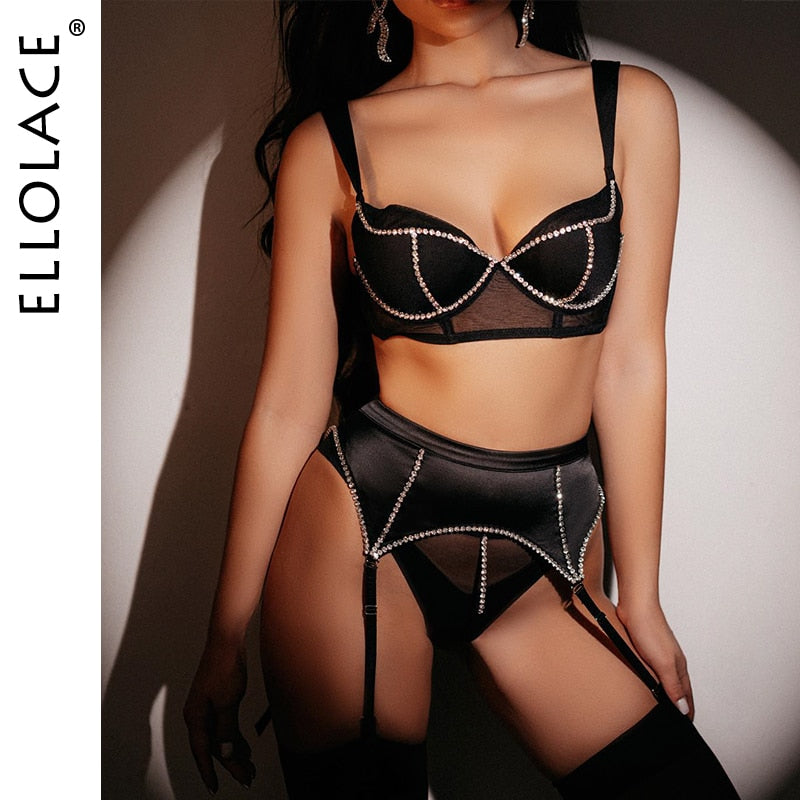 Ellolace Rhinestone Lingerie Luxury Intimate Underwear 3-Piece Seamless Bra Kit Push Up Glitter Bilizna Set Sexy Delicate Outfit