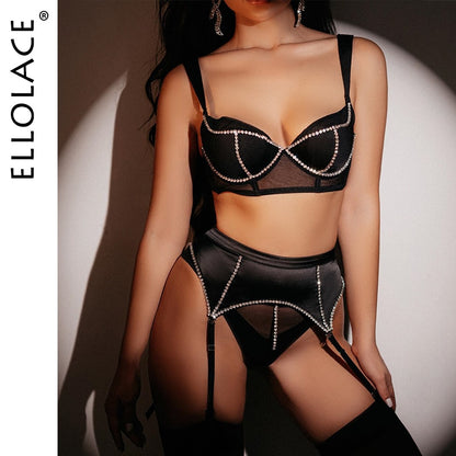 Ellolace Rhinestone Lingerie Luxury Intimate Underwear 3-Piece Seamless Bra Kit Push Up Glitter Bilizna Set Sexy Delicate Outfit