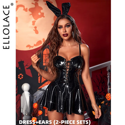 Halloween Latex Fetish Dress Bunny Sexy Costume Nightclub Cosplay PVC Short Dresses and Ears