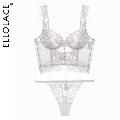 Ellolace Fancy Lingerie Lace Ruffles Transparent Bra Embroidery Female Underwear High Quality Seamless Sexy Outfits For Woman