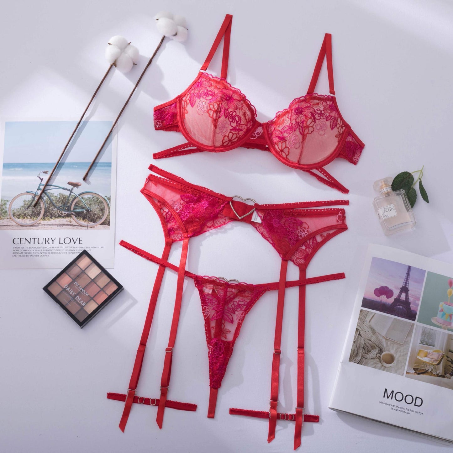 Ellolace Love Red Lingerie Sexy Bra And Panty Set 3-Pieces Luxury Lace Fancy Underwear Thongs Garters Erotic Intimate Set