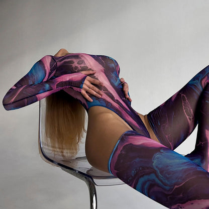 Ellolace Tie Dye Bodysuit Long Sleeve Lingerie Body Uncensored Tight Fitting Woman Crotchless Mesh Sexy Tops See Through Outfit