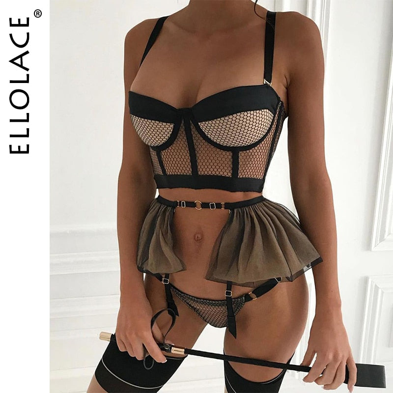 Ellolace Sexy Lingerie Sensual Fancy Underwear Ruffle Garter Belt Set 3-Piece Lace Padded Bra Delicate Luxury Erotic Sets