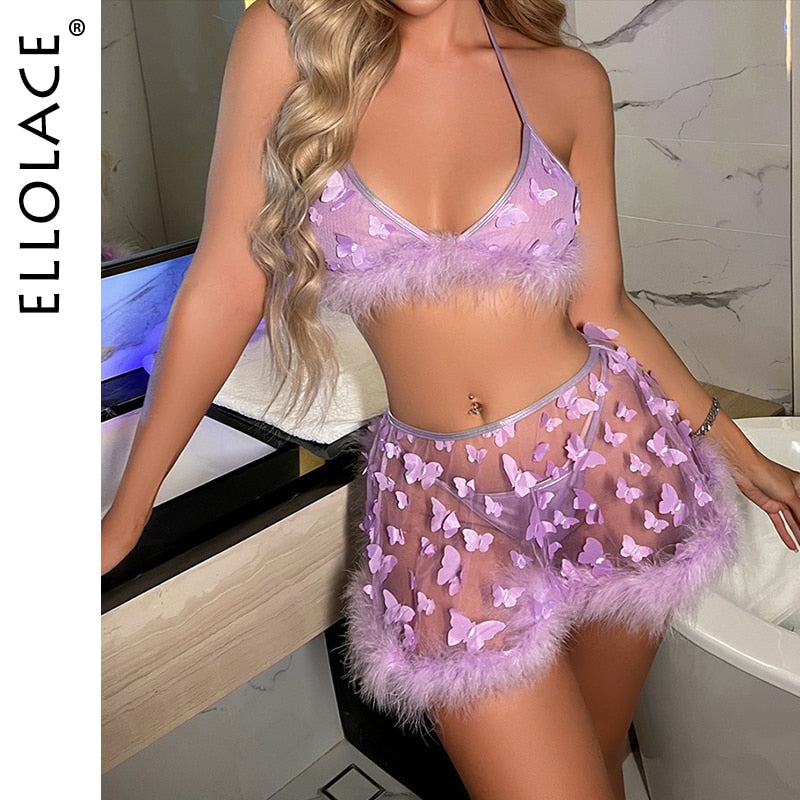 Ellolace Feather Lingerie Butterfly Underwear Women Transparent Sexy Without Feeling Purple Thongs 3-Pieces Fancy Lace Intimate