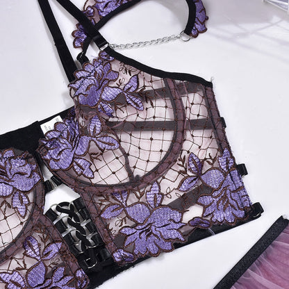 Floral Sexy Women Ruffle Garters Briefs Transparent Bra Chic Sexy Costume 3-Piece