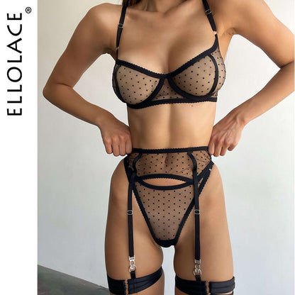 Ellolace Polka Dot Lingerie Sensual Transparent Bra Lace 3-Piece Naked Tulle Underwear Uncensored Erotic Sexy Outfits