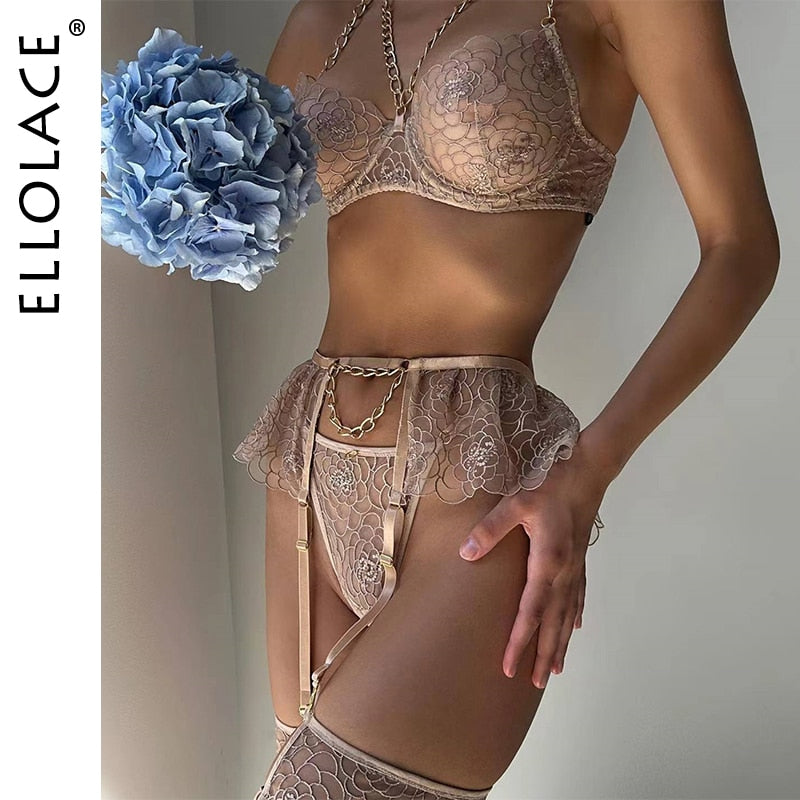 Ellolace Erotic Lingerie Porn Underwear Uncensored Transparent Bra Briefs 5-Piece Fancy Lace Delicate Fine Intimate Luxury Sets