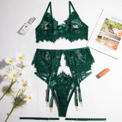 Lencería de encaje Sexy para mujer, conjunto de ropa interior transparente de color verde cazador, sujetador sin costuras y ligas íntimas, 3 piezas