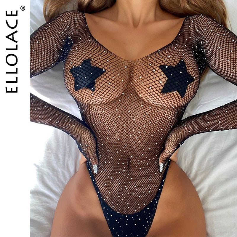Off Shoulder Fishnet Bodystocking Sexy Transparent Glitter Long Sleeve Bodysuit
