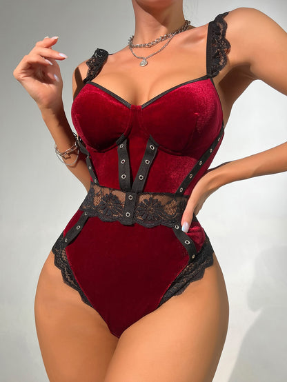 Velvet Bodysuit Lace Patchwork One-Piece Crotchless Teddy Fitness Ruffle Sexy Winter Tops