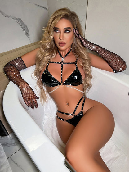 Ellolace Sexy Latex Lingerie With Pearl Set Woman 3 Pieces Erotic Thongs Black Leather Intimate Set Luxury Exotic Underwear