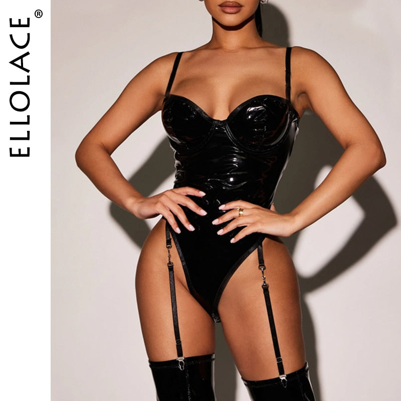 Ellolace Leather Bodysuit Fitness Sexy Body Tight Fitting One Piece Top Women Black Night Club Sissy Fetish Pu Crotchless Outfit