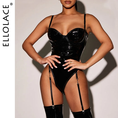 Ellolace Leather Bodysuit Fitness Sexy Body Tight Fitting One Piece Top Women Black Night Club Sissy Fetish Pu Crotchless Outfit