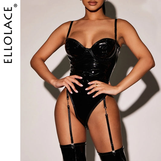 Ellolace Leather Bodysuit Fitness Sexy Body Tight Fitting One Piece Top Women Black Night Club Sissy Fetish Pu Crotchless Outfit