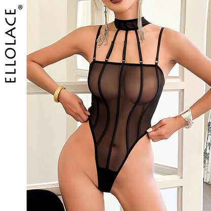 Ellolace Sensual Bodysuit Sheer Lace Naked Tops Halter Body Erotic Costume Uncensored Hot Sexy See Through Crotchless Babydoll