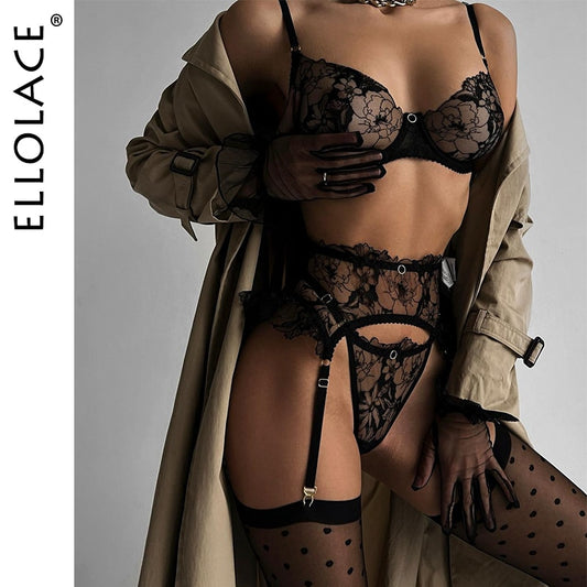 Ellolace Fancy Lace Lingerie Ruffle Garter Belt Underwear Transparent Bra And Panty Set Seamless Intimate Sensual Exotic Sets