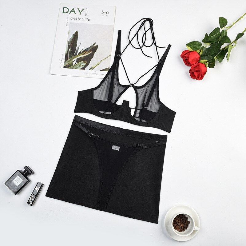Sheer Transparent Sexy Bandage Erotic Bra Set With Garter