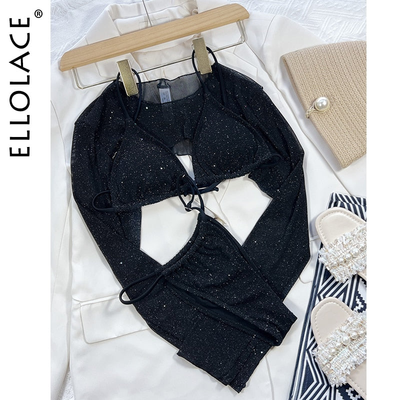 Micro Erotic Swimsuit New Black Glitter Separate Swimwear And Crop Top Long Sleeve Harajuku Full Bikini