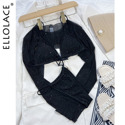 Micro Erotic Swimsuit New Black Glitter Separate Swimwear And Crop Top Long Sleeve Harajuku Full Bikini