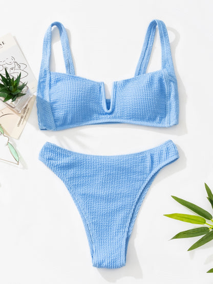 Ruched Swimwear Deep-V Swimsuit New Sexy Push Up Beach Bikini Separate Solid Bathing Women Brazilian