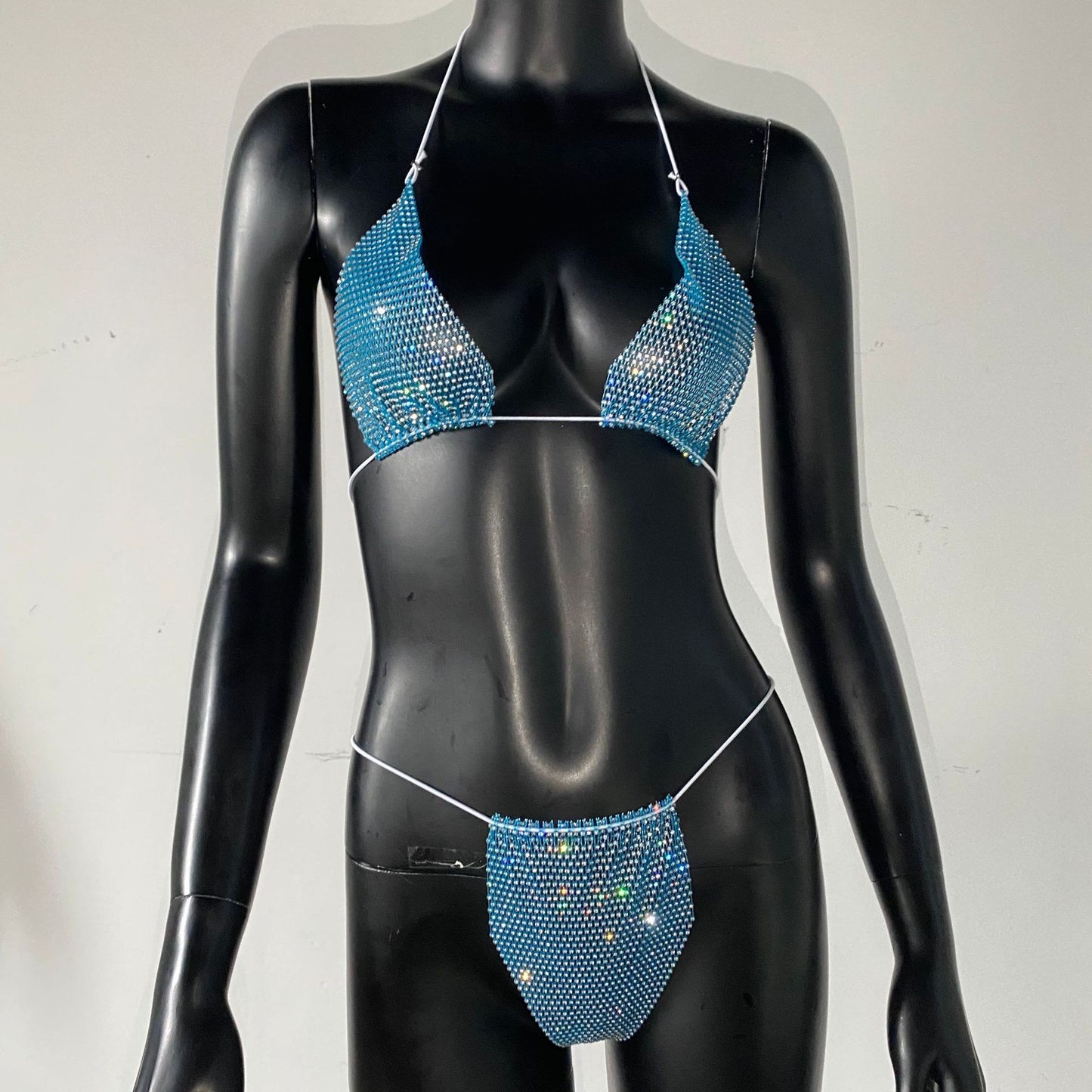 Bling Rhinestones Fishnet Bikini Women Halter Bra Sexy Panty 2 Piece Lady Set Sexy Swimwear Women