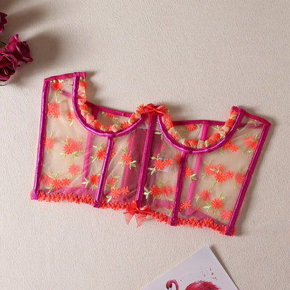 Ellolace Pink Women's Corsets Floral Bustier Luxury Lace Underbust Shapewear Wedding Belts Sheer Sexy Lingerie Short Corset