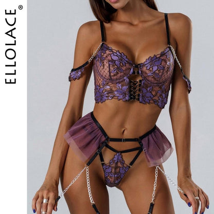 Floral Sexy Women Ruffle Garters Briefs Transparent Bra Chic Sexy Costume 3-Piece