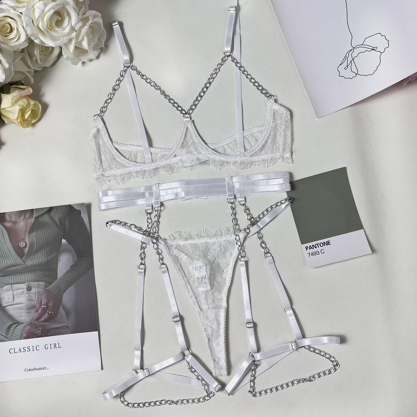 Cut Out Bra Sets Sexy Garter With Chain g-Strings Thongs Fetish 3-Piece