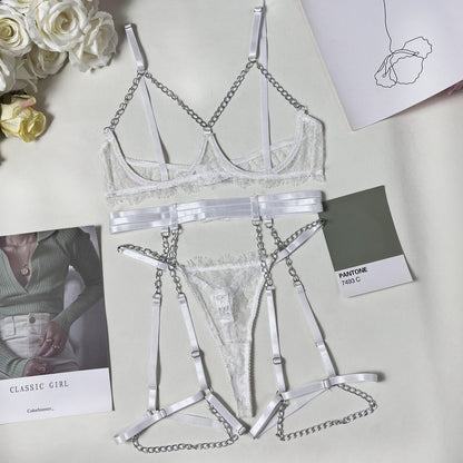 Cut Out Bra Sets Sexy Garter With Chain g-Strings Thongs Fetish 3-Piece