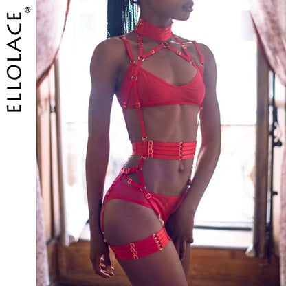 Ellolace Sexy Lingerie Halter Bandage Underweat 4-Piece Sheer Lace Sensual Erotic Garter Belt Set Red Intimate
