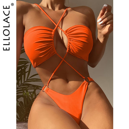 Cross Halter Swimsuit One Piece NEW Micro Bikini Toe Ruched Swimwear Trikini Bandeau Monokini Sexy Beach Wear