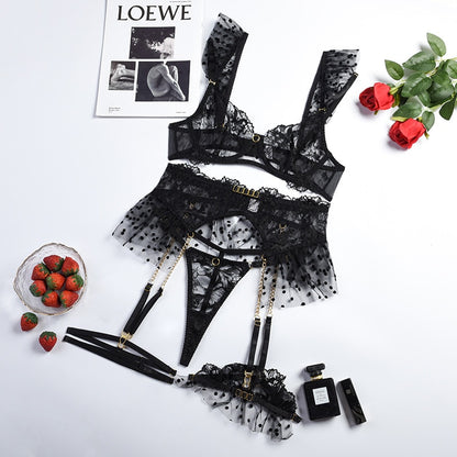 Ellolace Luxury Lace Lingerie Delicate Fancy Underwear Polka Dots Ruffles Transparent Sensual Exotic Sets With Garters 5-Pieces