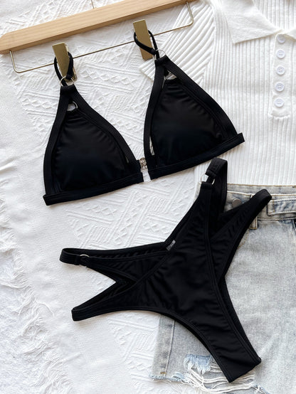 Sexy Swimsuit Hollow Out Bikinis Brazilian Solid Push Up Triangle Swimwear Black Beach Wear