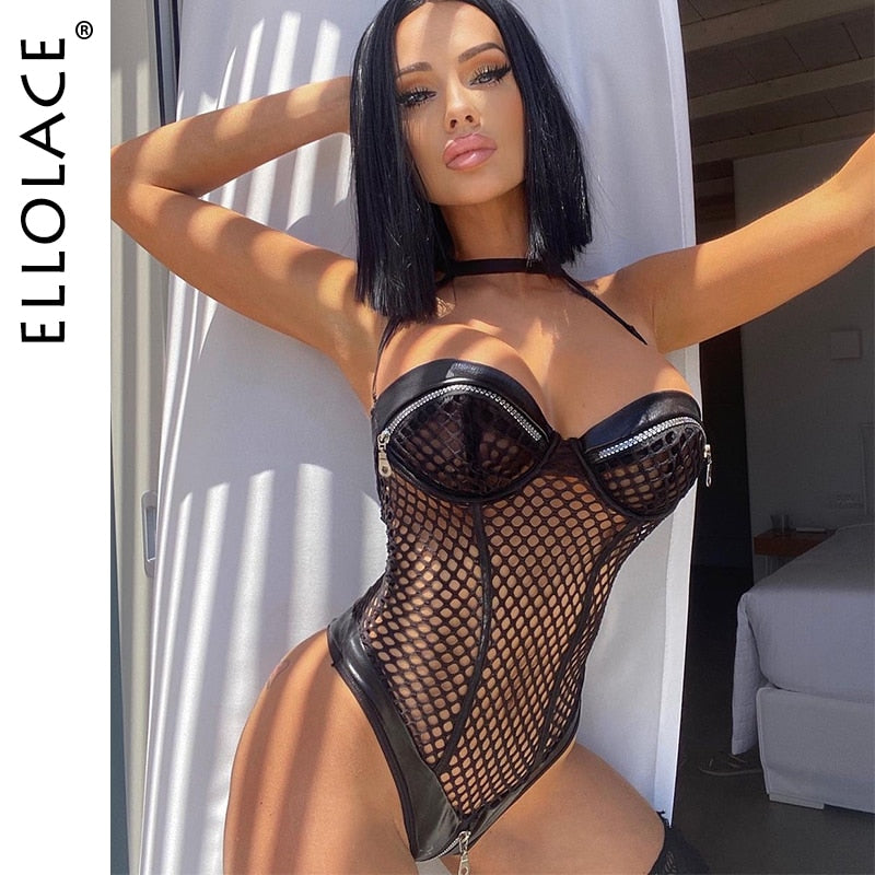 Sexy Bodysuit With Zipper Open Bra Mesh Transparent Women Halter Crotchless Leather Tops