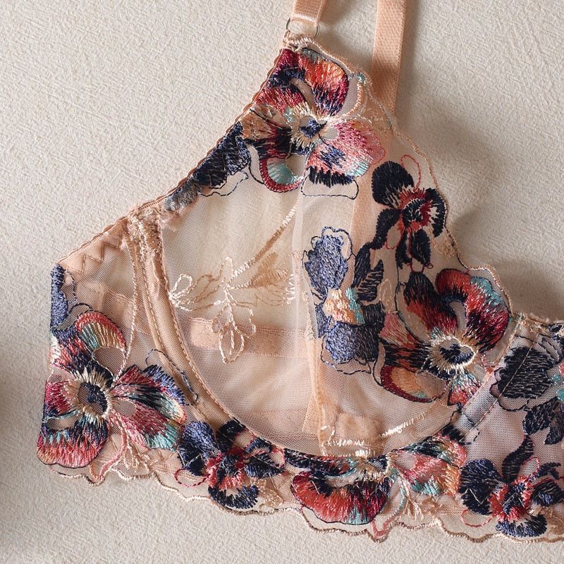Floral 5-Piece Transparent Lace Push Up Bra Panty Set Garter Sexy