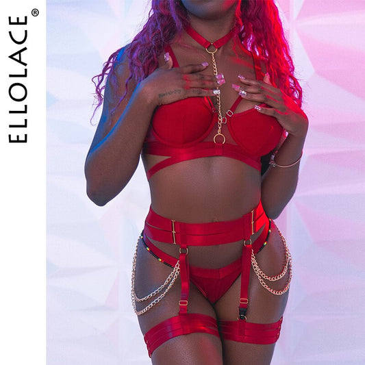 Ellolace Fancy Lingerie With Chain Luxury Seamless Fine Underwear 4-Piece Erotic Sexy Delicate Intimate Matching Exotic Sets