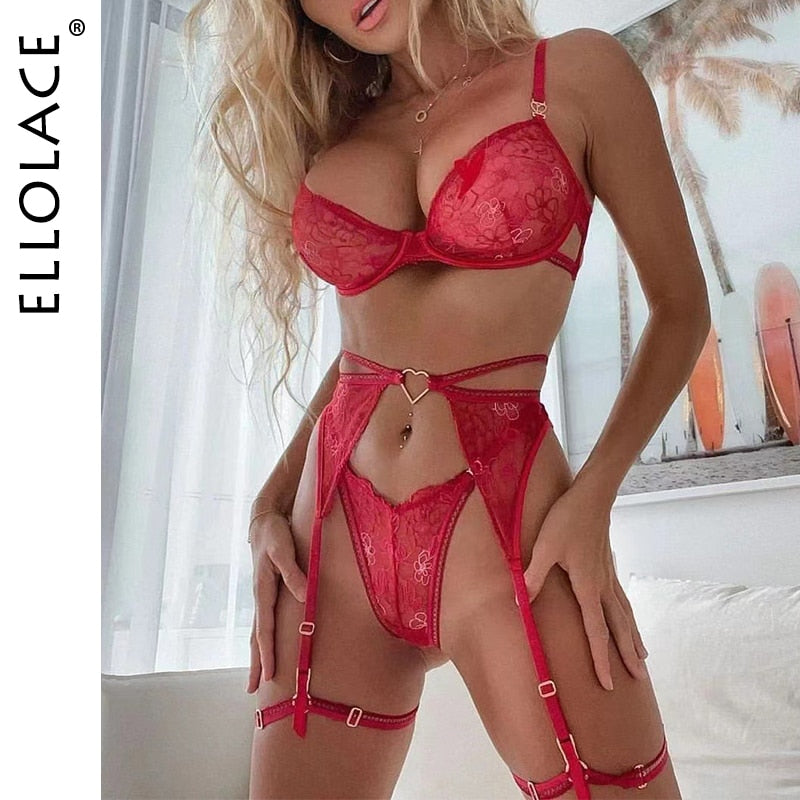 Ellolace Love Red Lingerie Sexy Bra And Panty Set 3-Pieces Luxury Lace Fancy Underwear Thongs Garters Erotic Intimate Set
